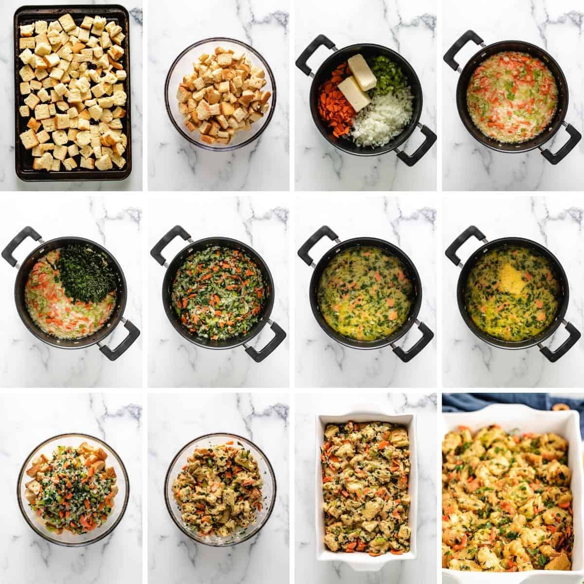 Collage showing how to make herb stuffing.