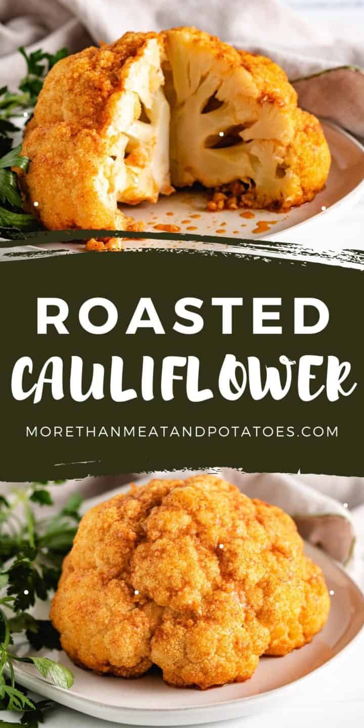 Two photos of roasted cauliflower in a collage.
