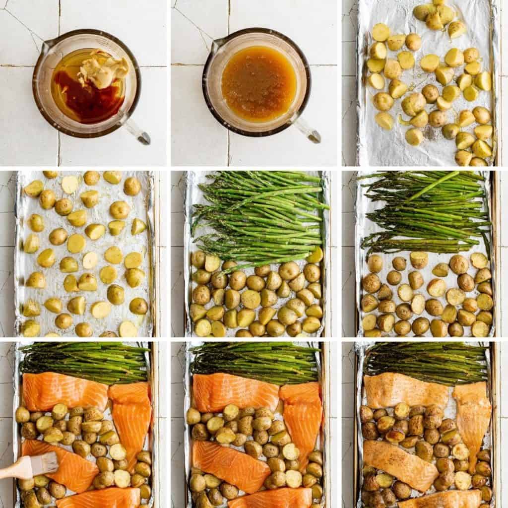 Collage showing how to make sheet pan salmon.