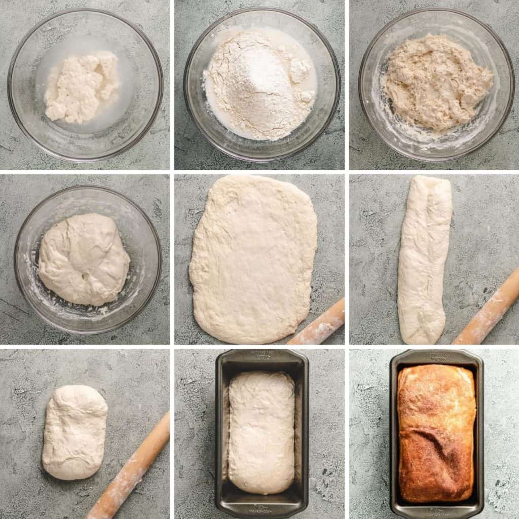 Collage showing how to make sourdough sandwich bread.