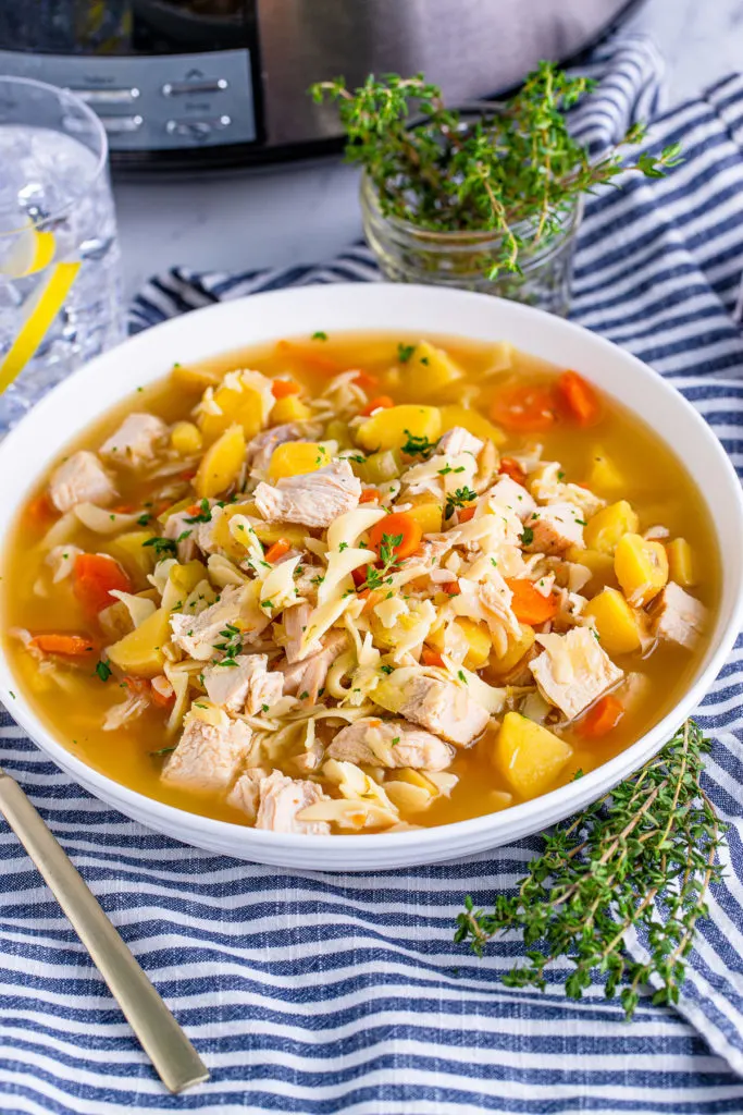 Small bowl with leftover turkey soup with egg noodles.