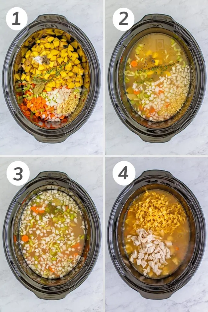 Collage showing how to make turkey noodle soup.