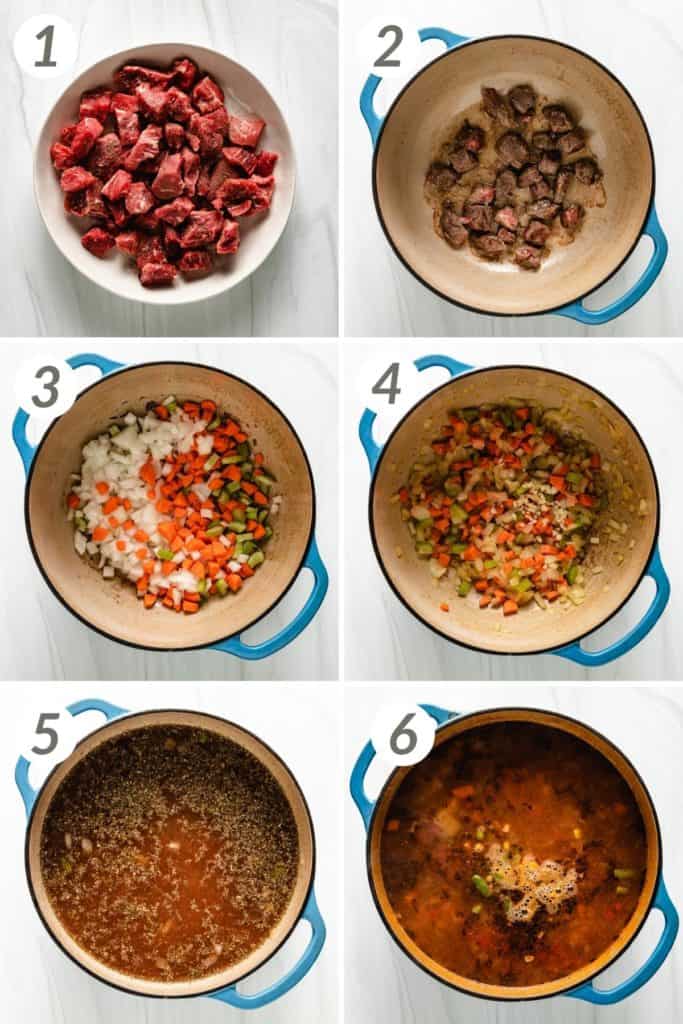 Collage showing how to make vegetable beef soup.