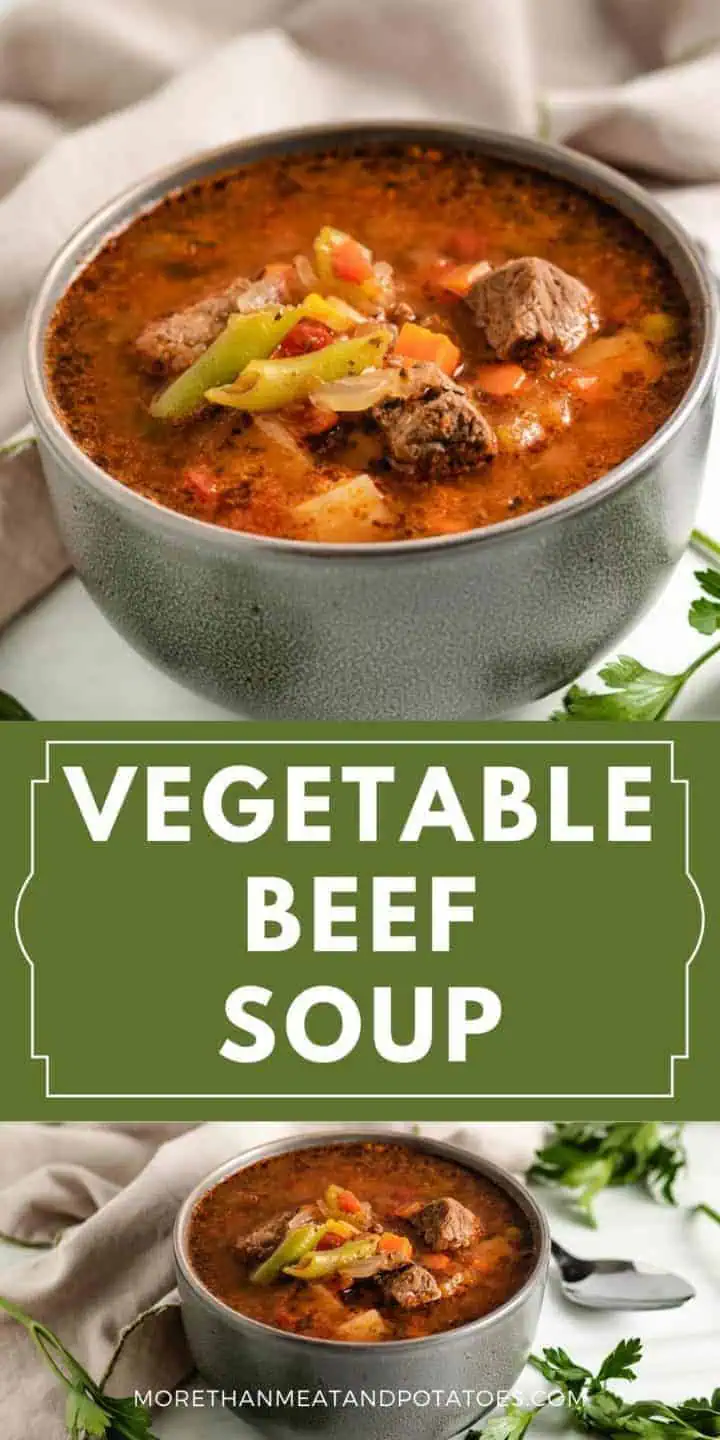 Two photos of vegetable beef soup in gray bowls.