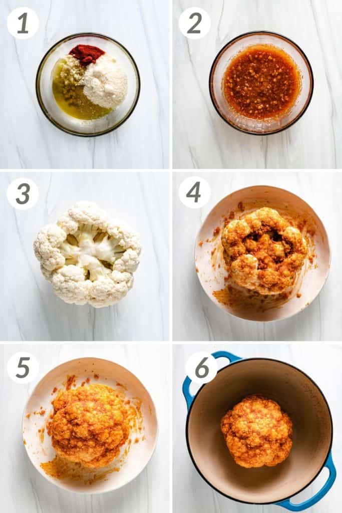 Collage showing how to make whole roasted cauliflower.