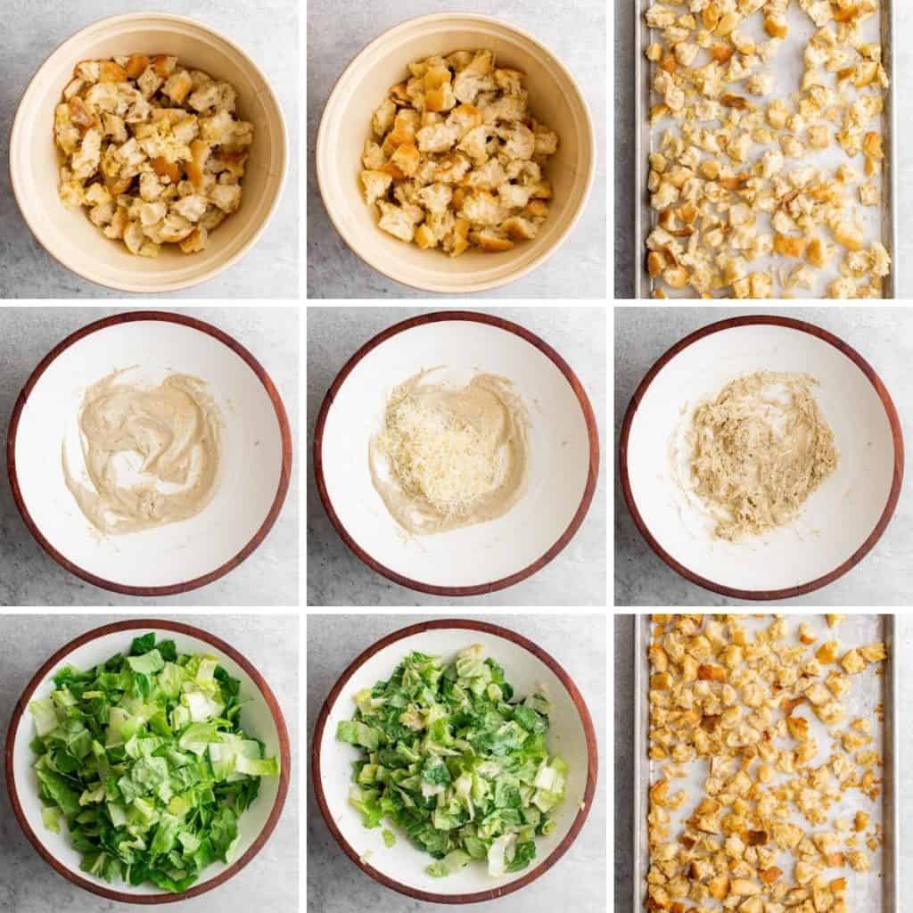 Collage showing how to make a caesar salad.