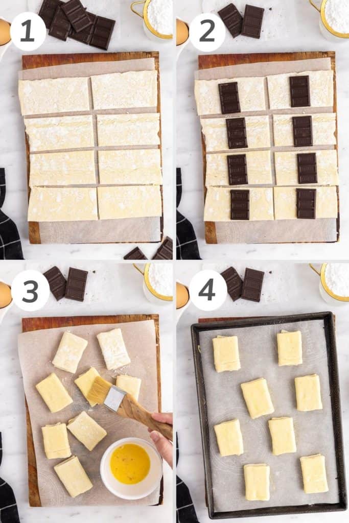 Collage showing how to make chocolate filled pastry.