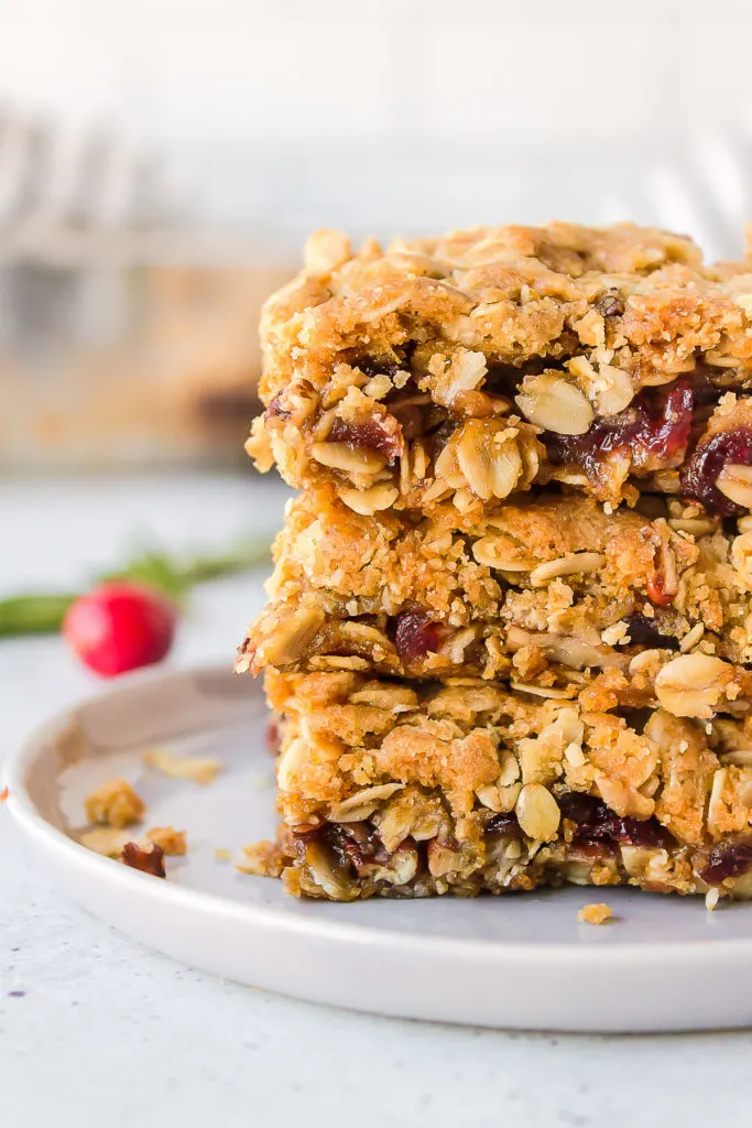 Side view of crumble cranberry bars.