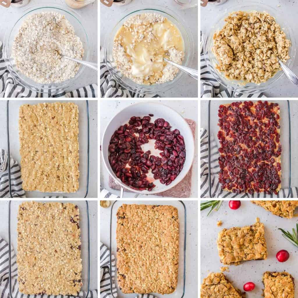 Collage showing how to make cranberry bars.