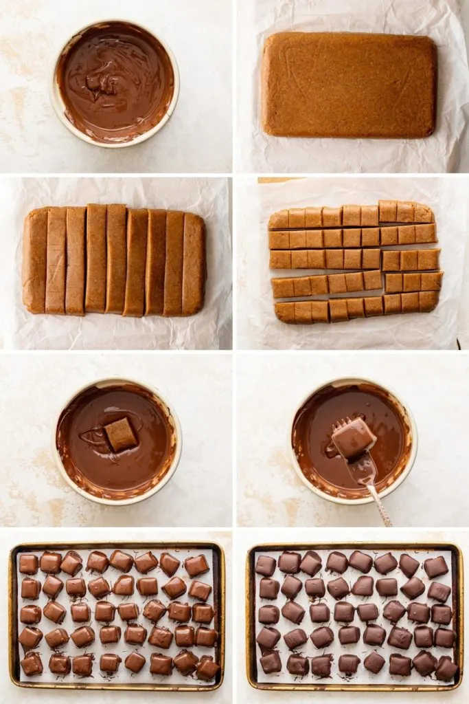 Collage showing how to make date caramels.