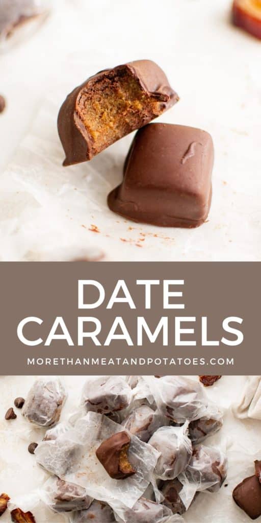 Two photos of date caramels in a collage.