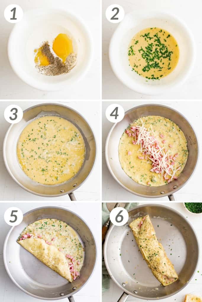 Collage showing how to make a French omelette.