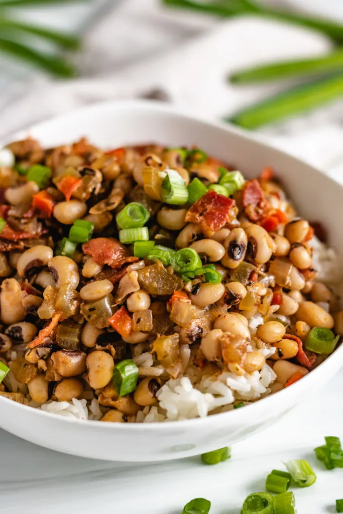 Large bowl of hoppin john and rice.