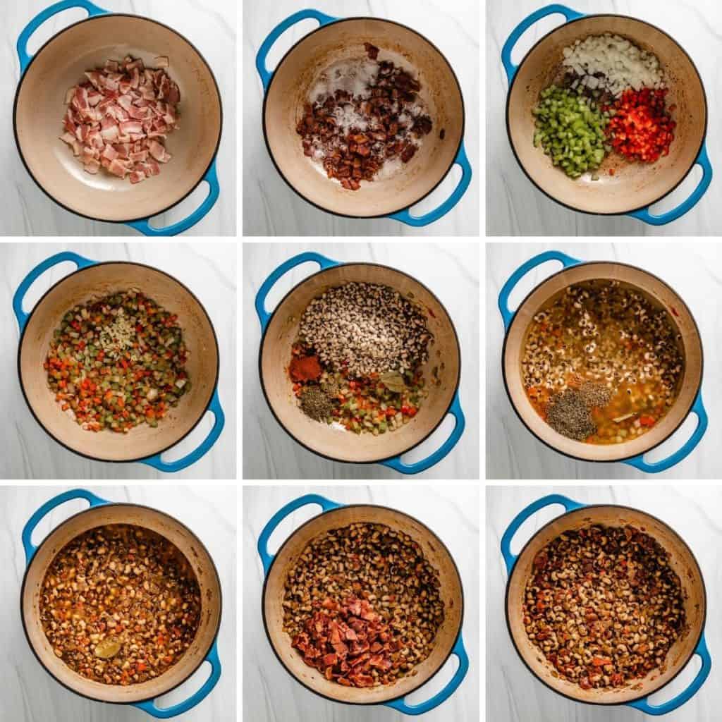 Collage showing how to make hoppin' john.