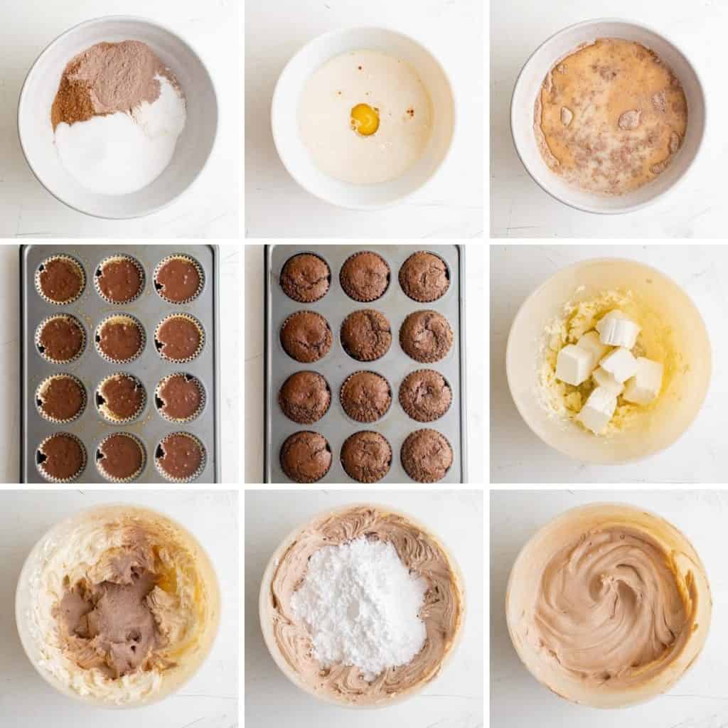 Collage showing how to make hot chocolate cupcakes.