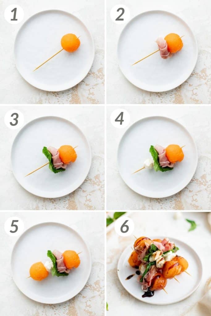 Collage showing how to make prosciutto and melon skewers.
