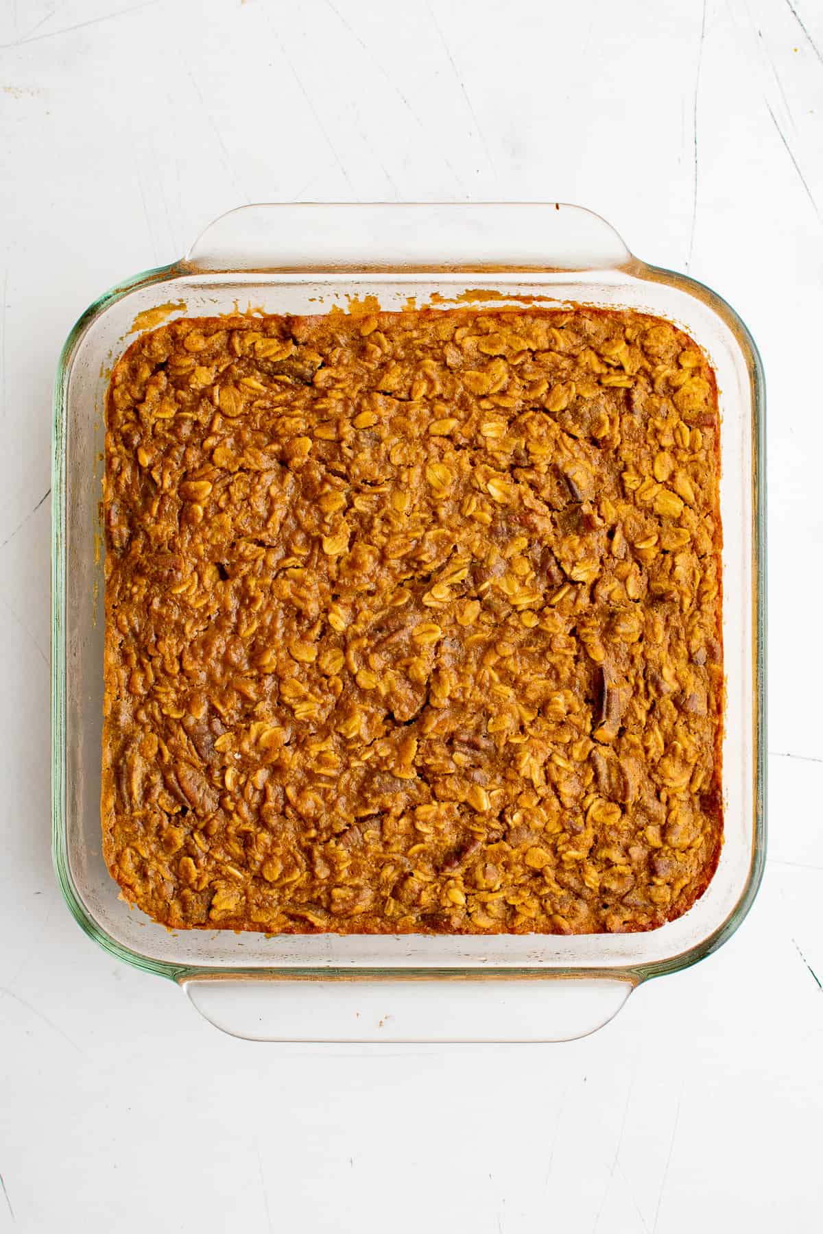 Pan of freshly baked pumpkin oatmeal.