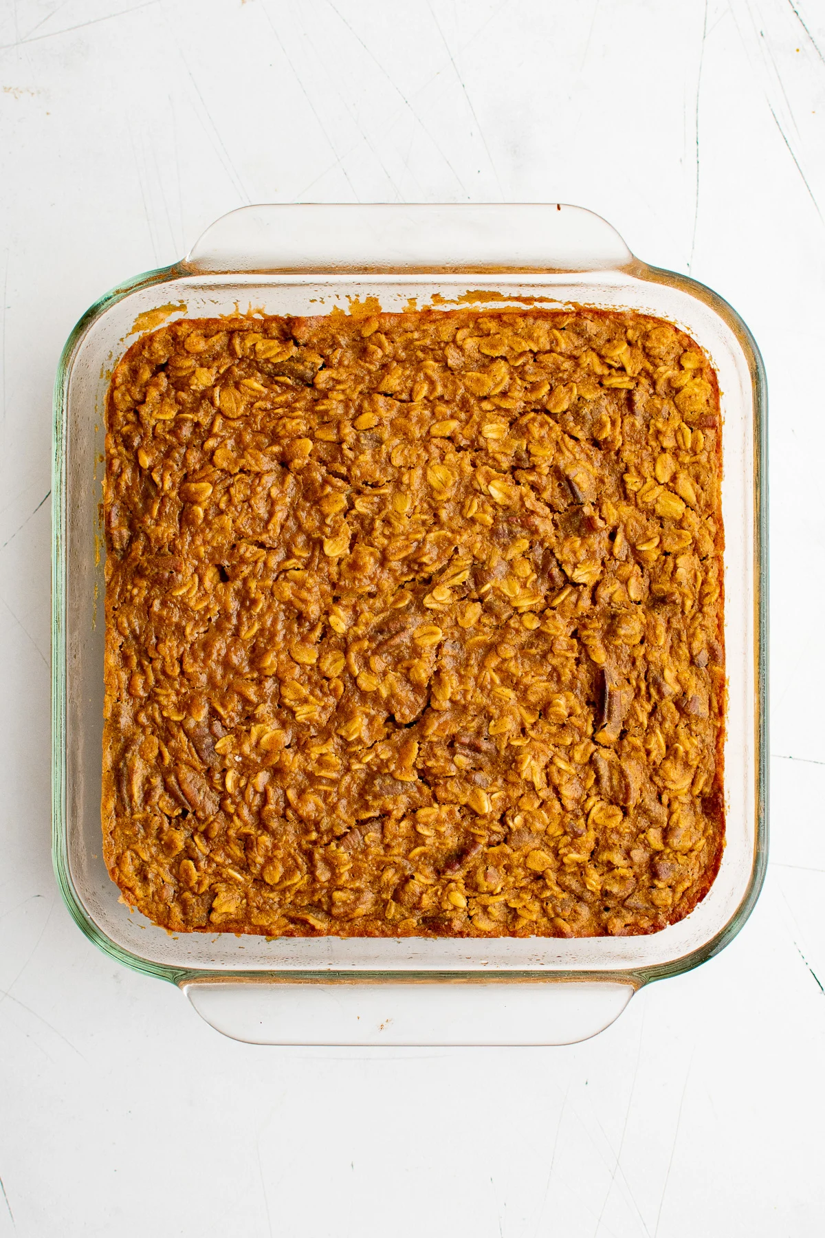 Easy Pumpkin Baked Oatmeal Pan of freshly baked pumpkin oatmeal.