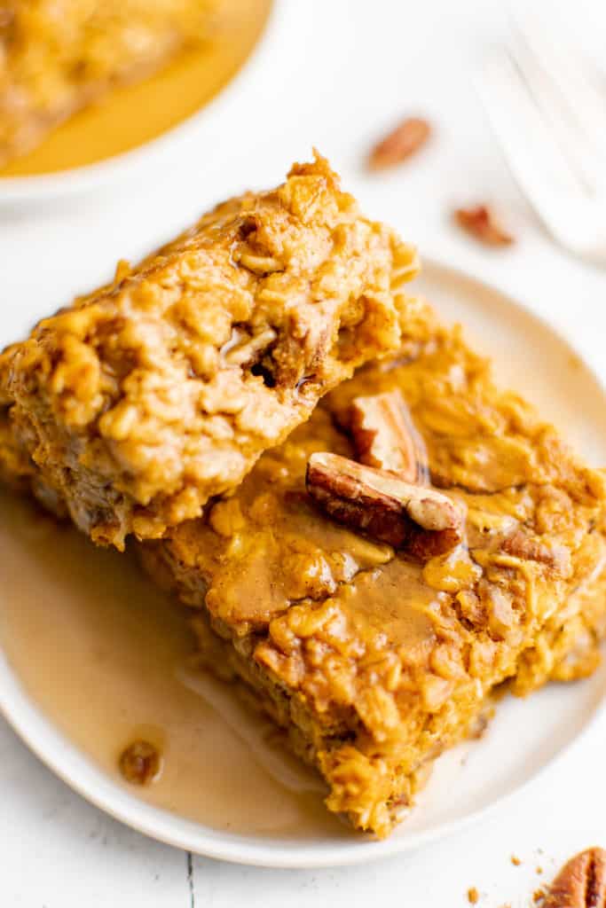 Pumpkin baked oatmeal with nuts and syrup.
