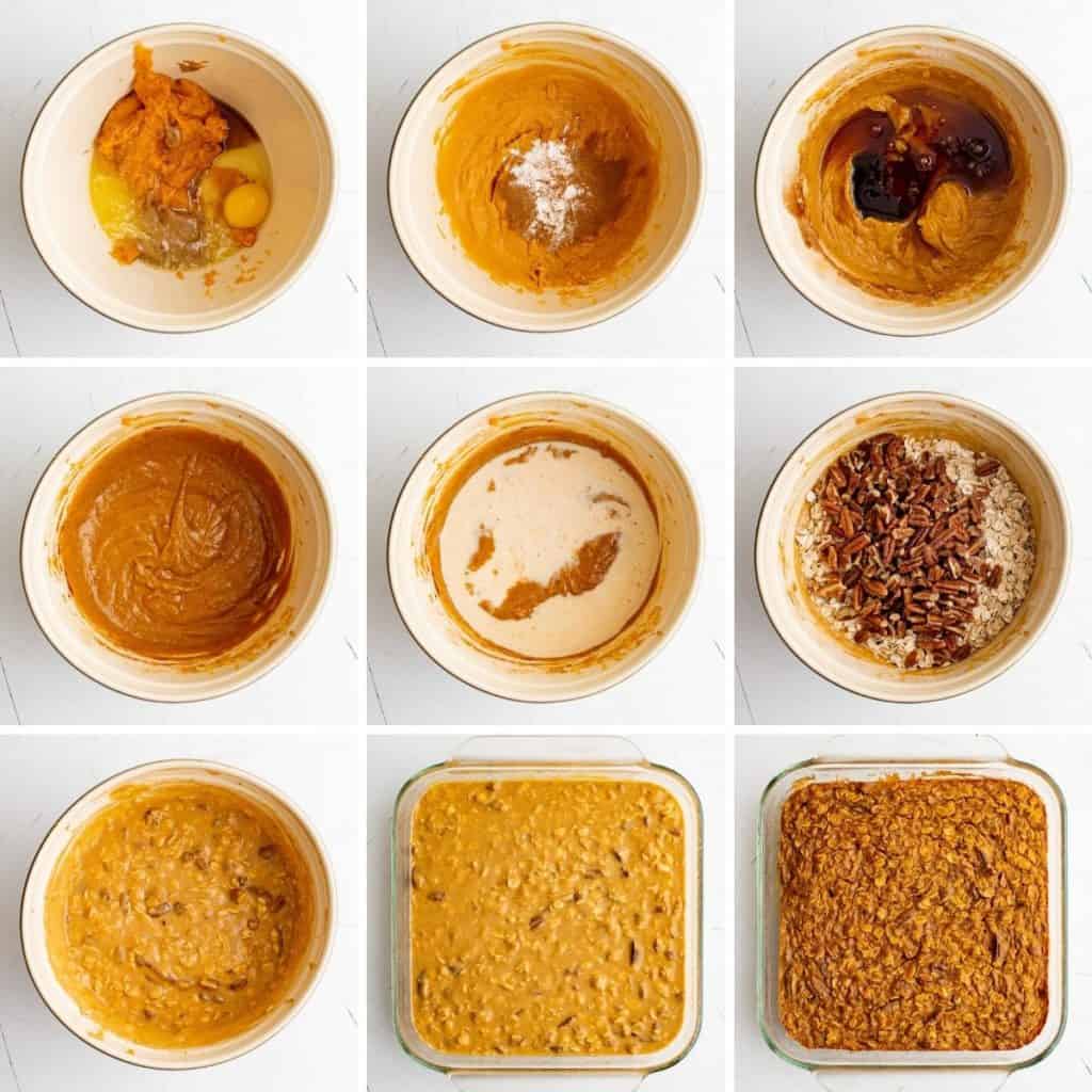 Collage showing how to make pumpkin baked oatmeal.