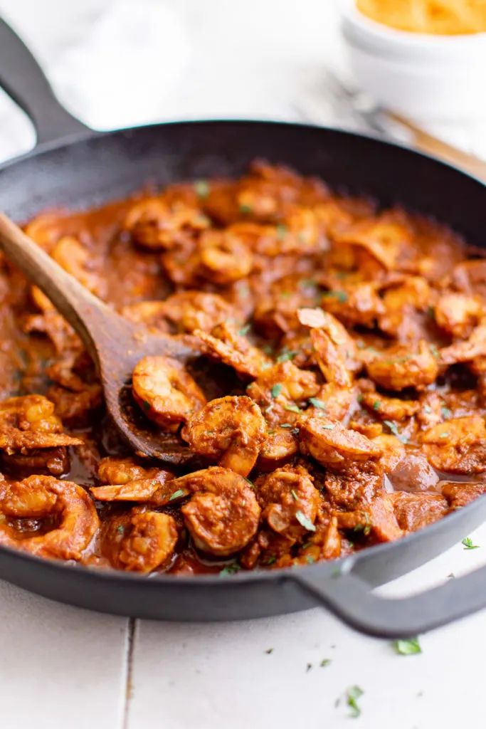 Skillet filled with diablo shrimp.