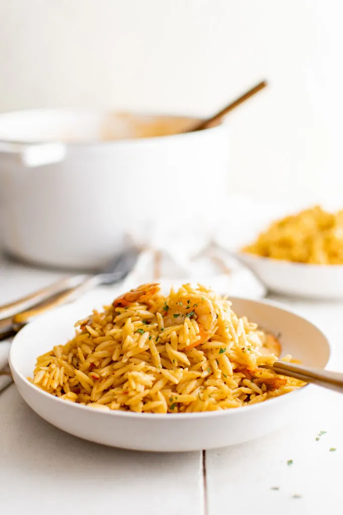 Plate of shrimp orzo with a fork.