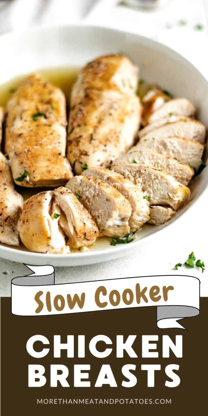 Sliced slow cooker chicken breasts in a dish.