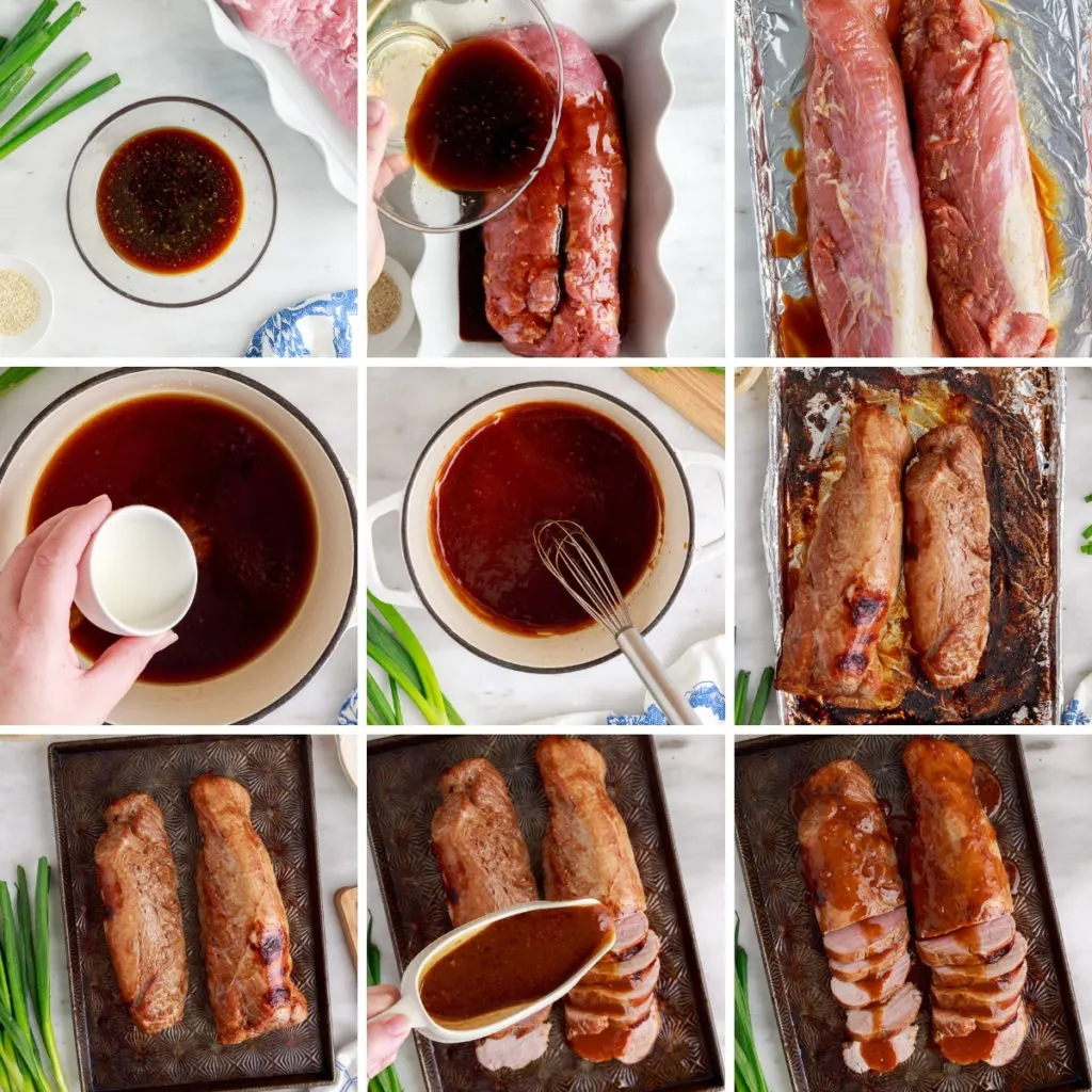 Collage showing how to make teriyaki pork tenderloin.