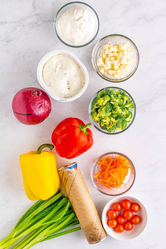 Ingredients needed for veggie pizza.