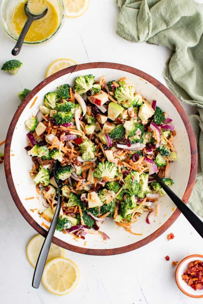 Top down view of broccoli salad in a serving bowl.