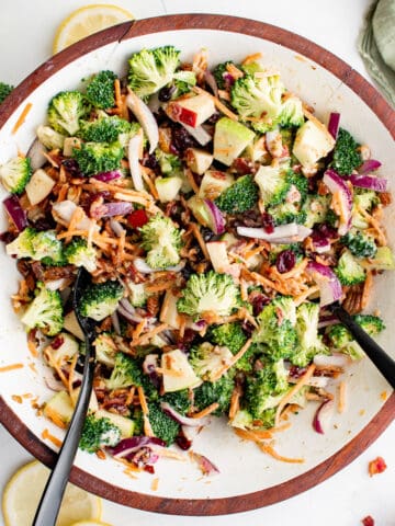 Top down view of broccoli salad in a bowl.