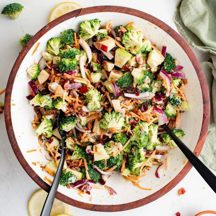 Top down view of broccoli salad in a bowl.