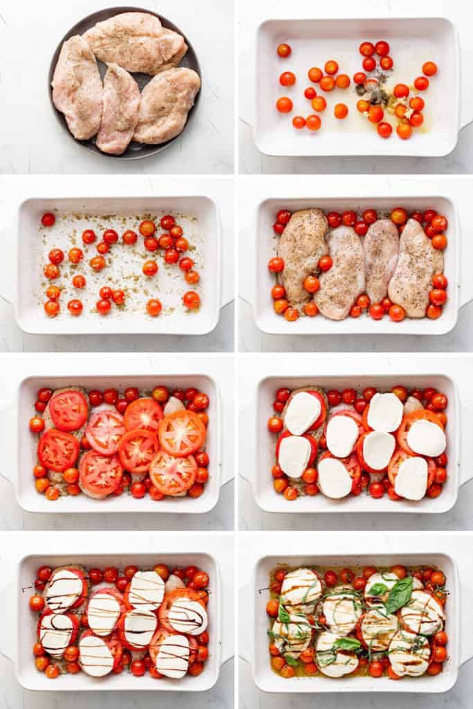Collage showing how to make chicken caprese.