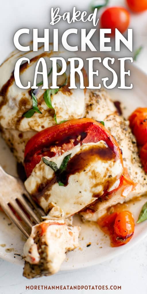 Close up view of baked chicken caprese on a plate.