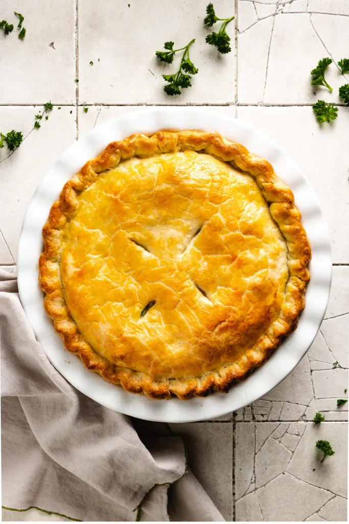 Top down view of a baked chicken pot pie.