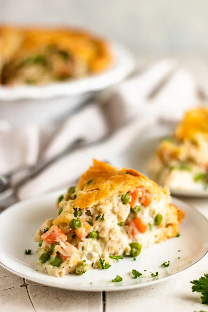 White dish with chicken pot pie.