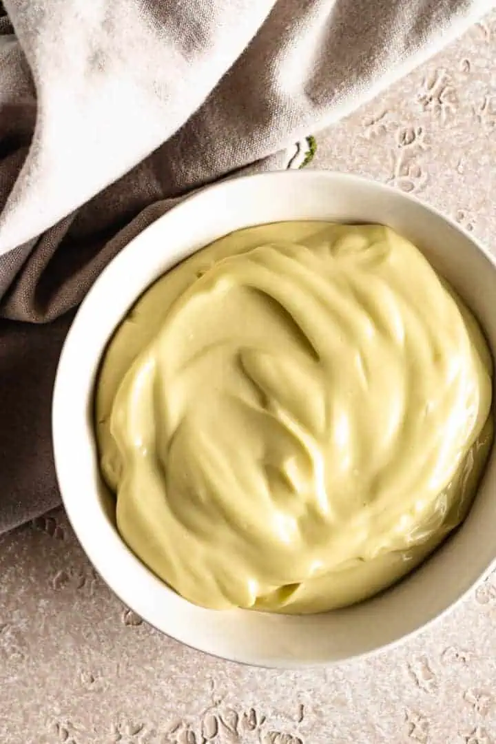 Top down view of mayonnaise in a bowl.