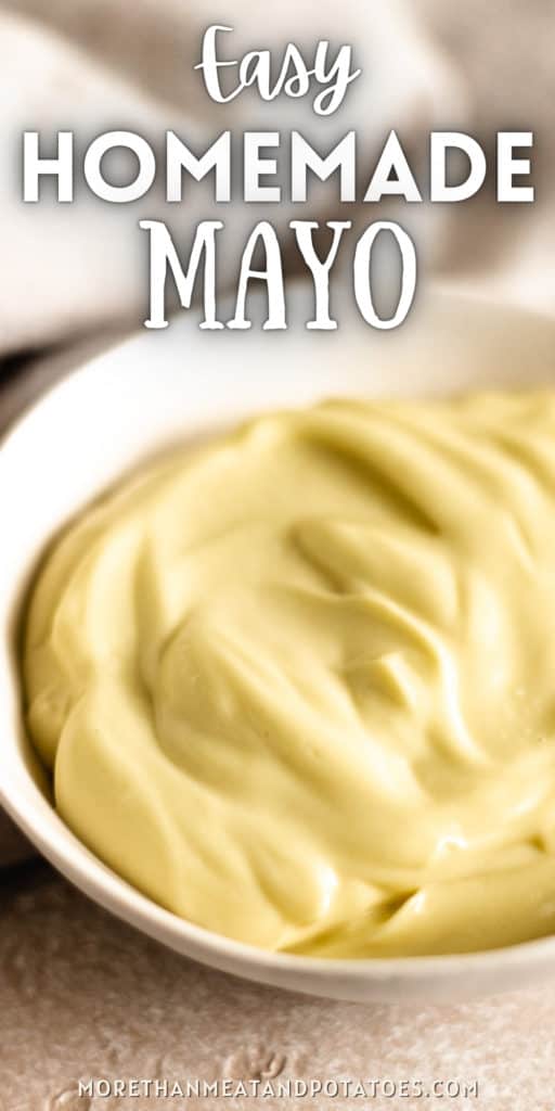 Close up view of a small bowl of homemade mayo.