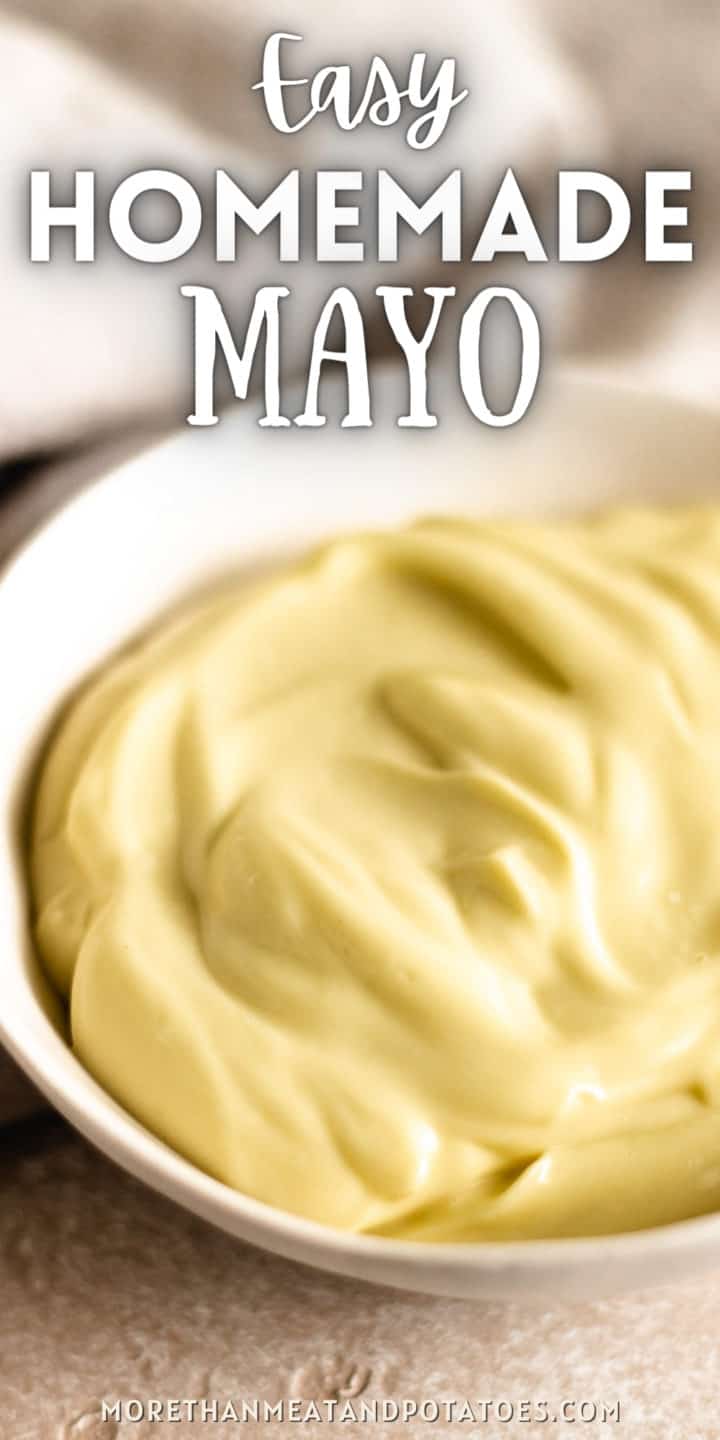 Close up view of a small bowl of homemade mayo.