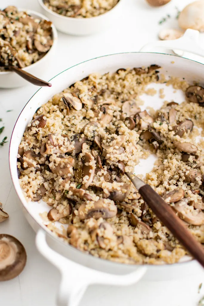 Close up view of a pot of quinoa mixed with mushrooms.