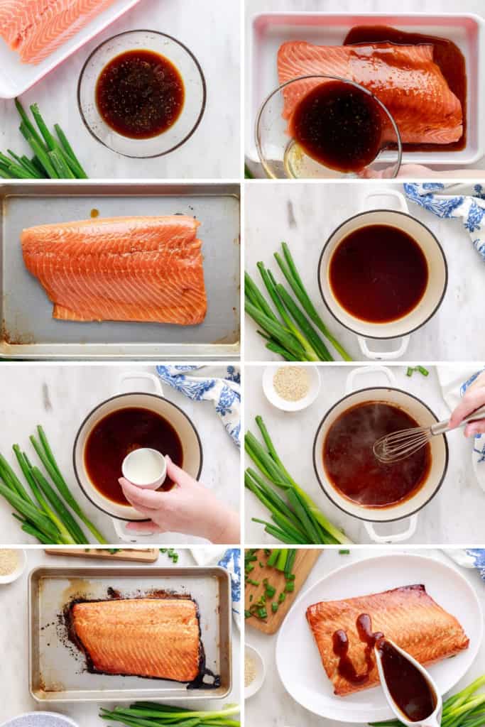 Collage showing how to make teriyaki salmon.