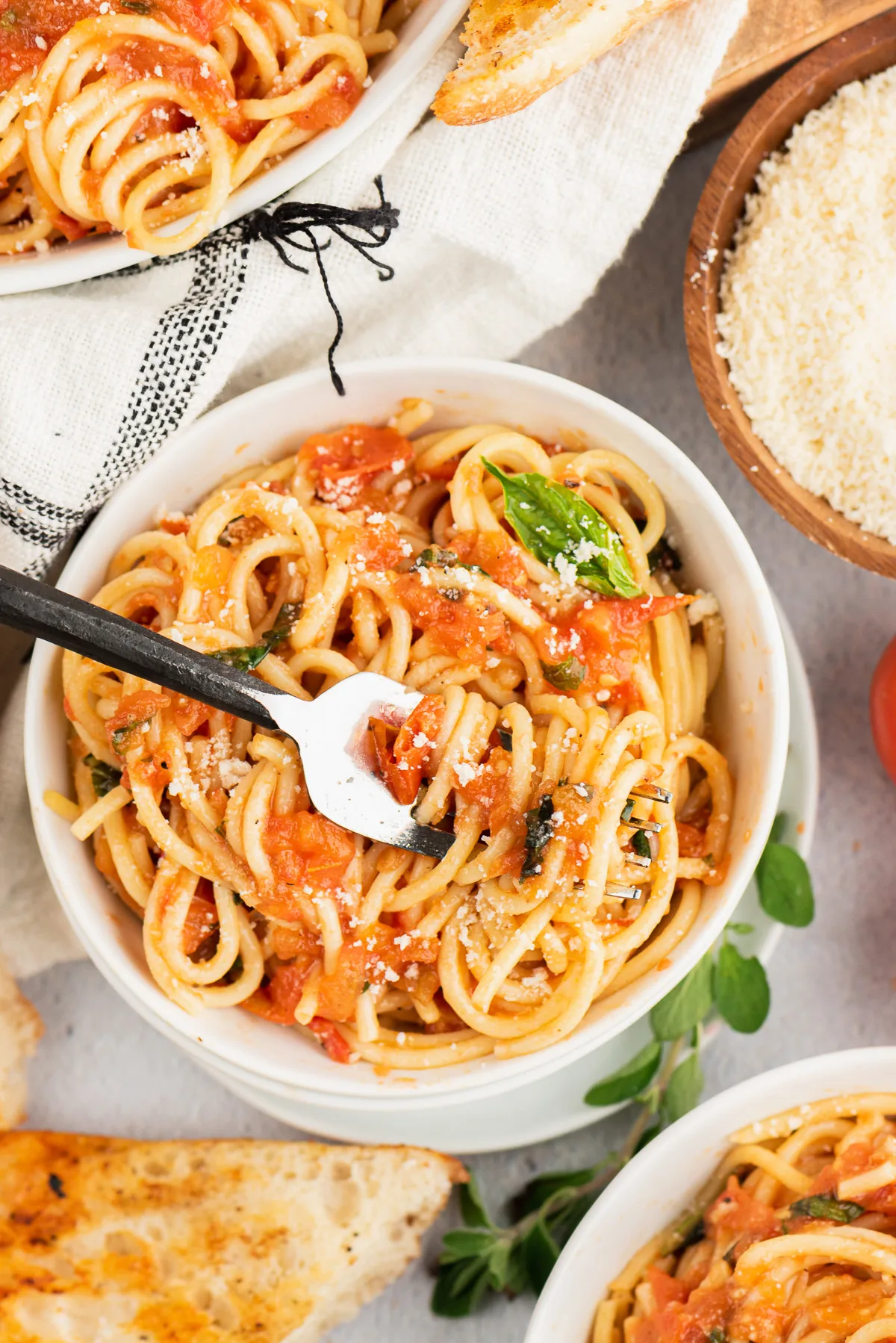 Top down view of pasta twirled on a fork.