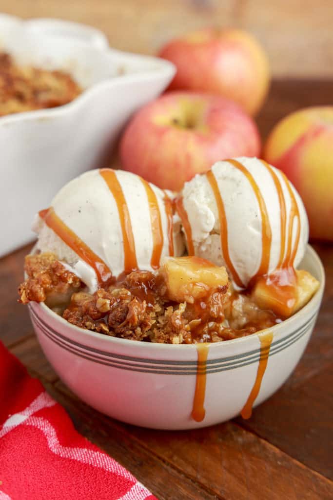 Large bowl of apple crisp with ice cream.