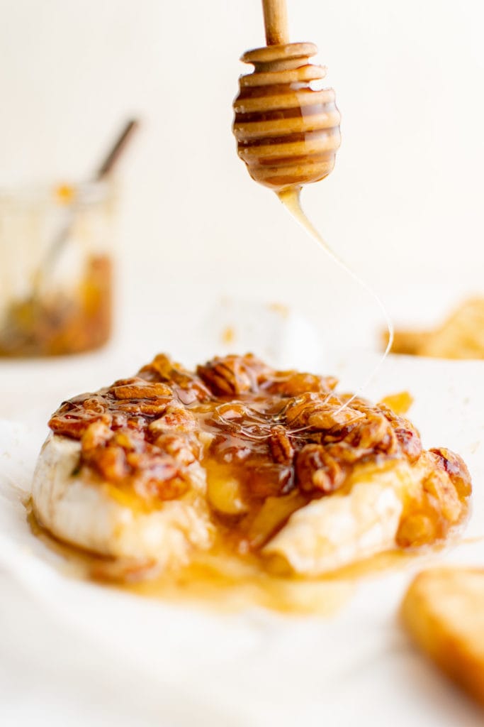 Baked brie with apricots and pecans.