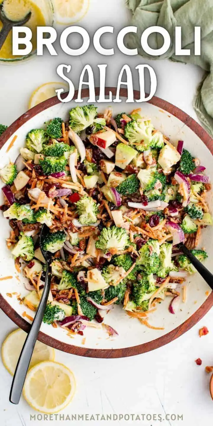 Top down view of broccoli salad in a large bowl.