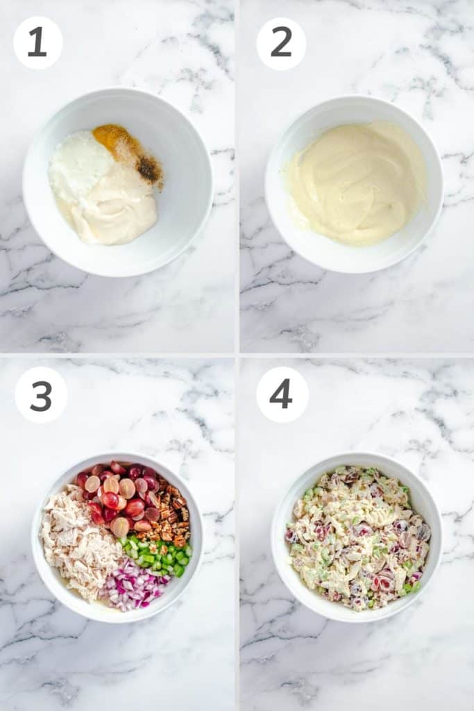 Collage showing how to make a chicken salad recipe.
