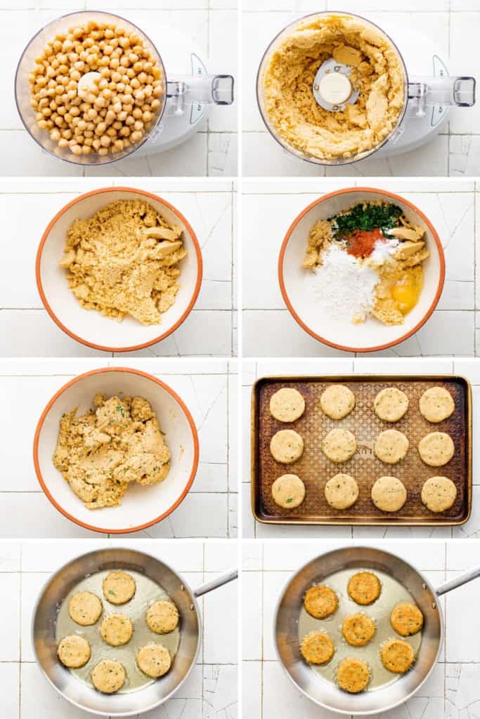 Collage showing how to make chickpea fritters.