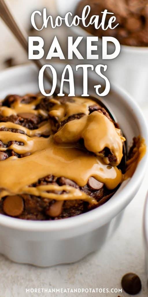 Close up view of a bowl of chocolate baked oats with peanut butter.