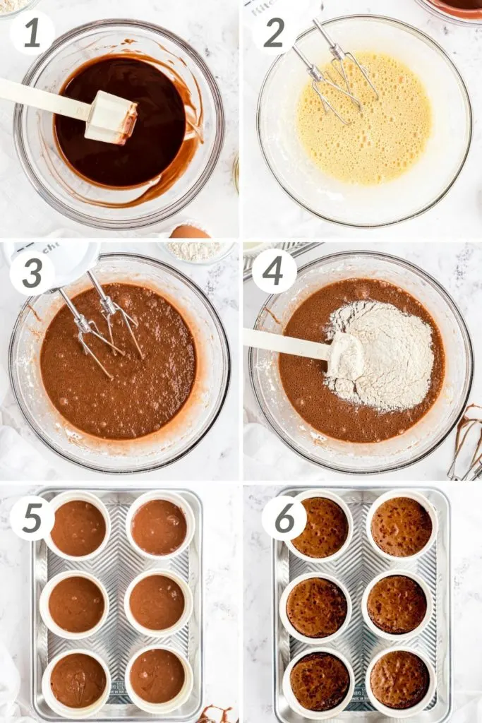 Collage showing how to make chocolate lava cake.