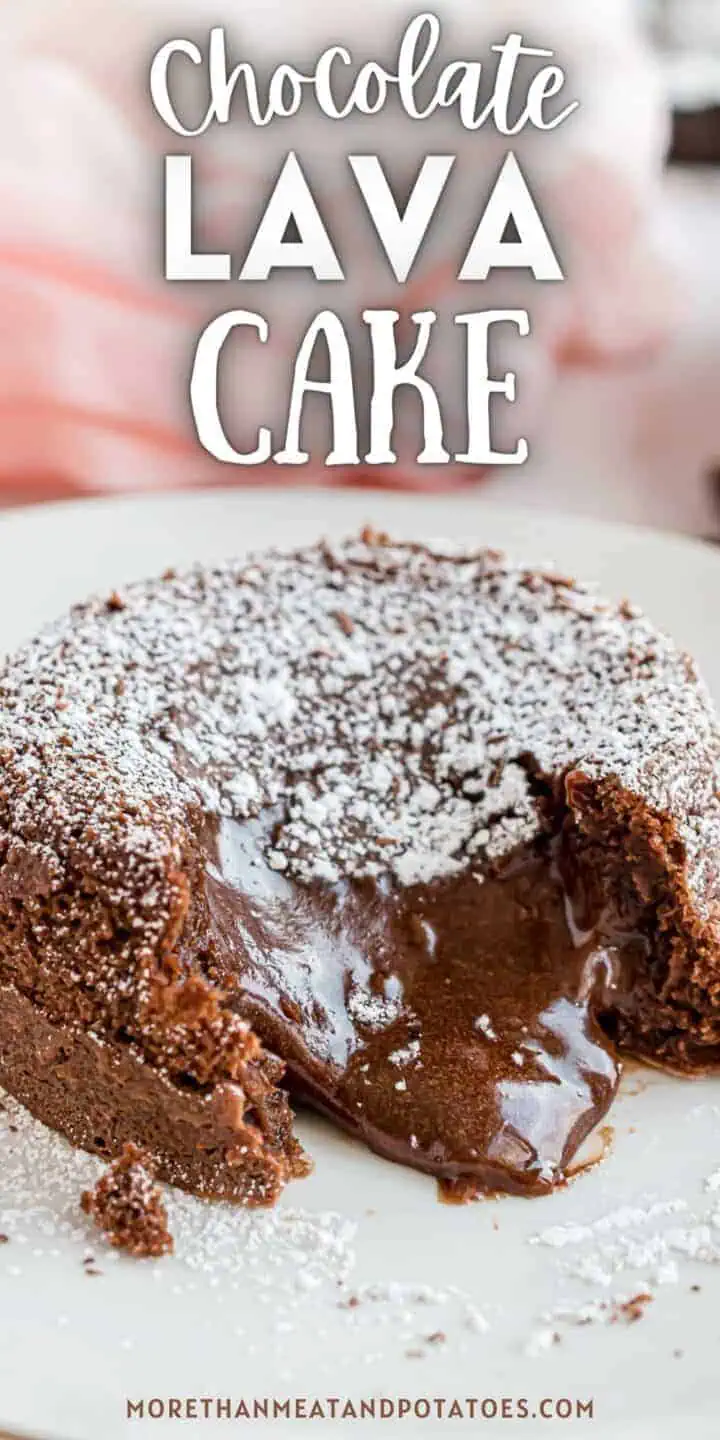 Close up view of chocolate lava cake on a plate.